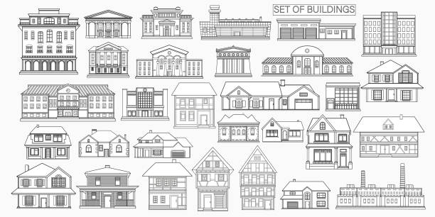 Set of city buildings on a light gray background. Building icons. Outline style. Set of city buildings on a light gray background. Building icons. Outline style. mansion stock illustrations