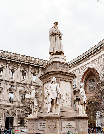 Sculpture of Leonardo da Vinci near the National Museum of Science and Technology. Milan, Italy. High quality photo