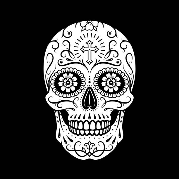 grafikdruck des mexikanischen zuckerschädels auf schwarzem hintergrund - sugar skull stock-grafiken, -clipart, -cartoons und -symbole