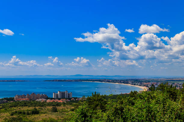 Aerial view of bay of sea resorts Sveti Vlas, Sunny Beach and Nessebar on the Black Sea coast in Bulgaria stock photo