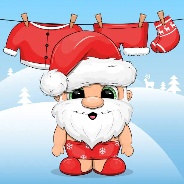 Vector illustration of Cute cartoon Santa in underwear and hat dries clothes on the clothesline.