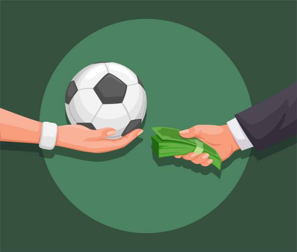 ilustrações, clipart, desenhos animados e ícones de mão segurando bola e símbolo de dinheiro para fixação de partida atividade ilegal em vetor de ilustração esporte de futebol - time and money