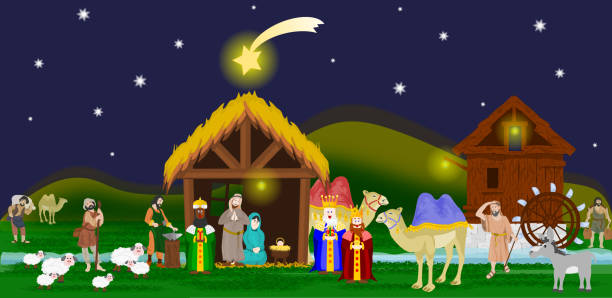 ilustrações de stock, clip art, desenhos animados e ícones de bethlehem for christmas with manger, shepherds and wise men - joseph
