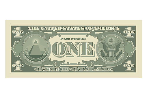 One dollar bill, 1 US dollar banknote, from back side, reverse. Simplified vector illustration of USD isolated on a white background