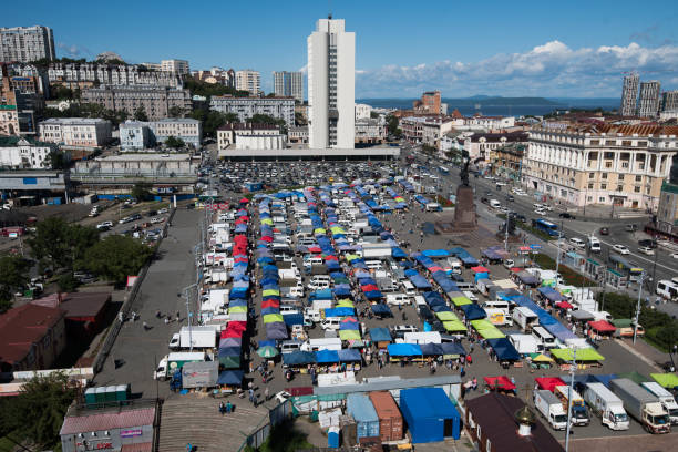 The central square of the city, filled with cars. stock photo