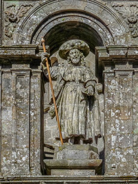 Statue of Saint James the Great over the holy gate of the cathedral in Santiago de compostela, Spain, July 25, 2010 stock photo