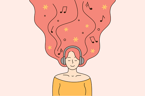 Listening to favourite mesic and freedom concept. Young smiling woman with long red hair in headphones listening to music with eyes closed vector illustration