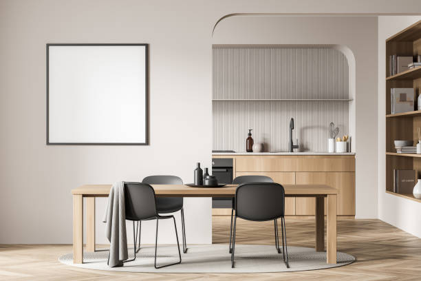 istock Empty frame in beige minimalist dining room and background kitchen with niche 1352012066