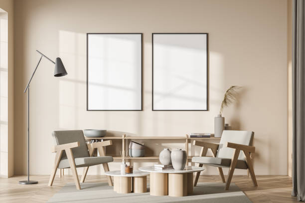 istock Two empty canvases in beige living room: seating idea 1352012344