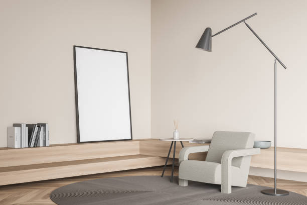 istock Empty standing canvas in beige living room. Corner view. 1352012803