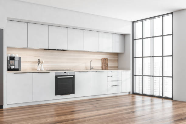 istock Corner view on kitchen room interior with oak wooden floor 1352014172