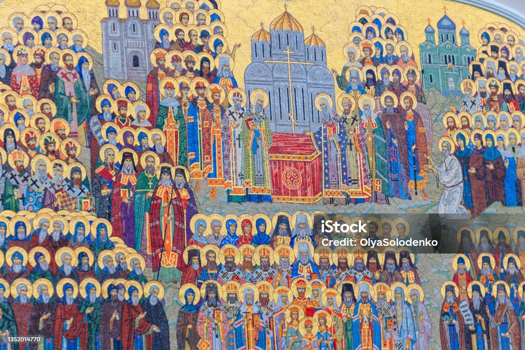 Large mosaic icon on a facade of building in Holy Trinity-Saint Seraphim-Diveyevo convent in Diveyevo, Russia Religious Saint Stock Photo