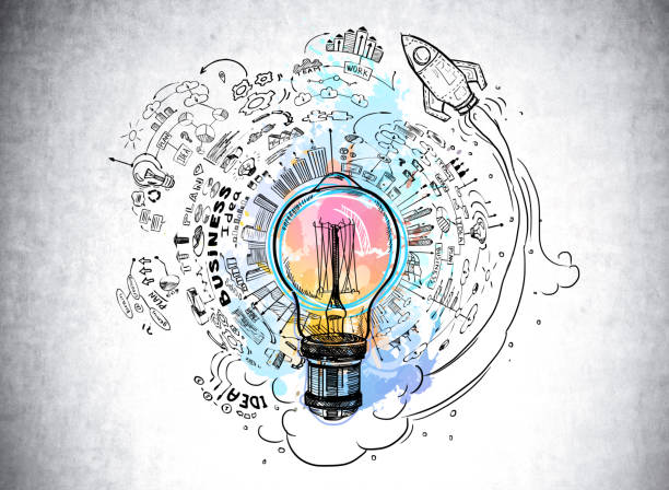 Colourful sketch with large light bulb, rocket launch, business,