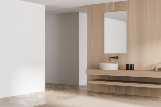 istock Wooden bathroom with modern floating vanity. Corner view. 1352015298