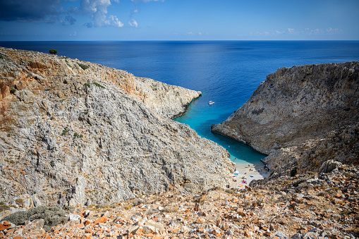 Crete, Greece: Beautiful beach, the Seitan Limania Beach, in a small secret bay in the Mediterranean on a sunny day.