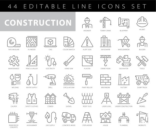 stockillustraties, clipart, cartoons en iconen met black and white under construction icons stock illustration construction site, construction industry, road construction, building , road work ahead sign - building