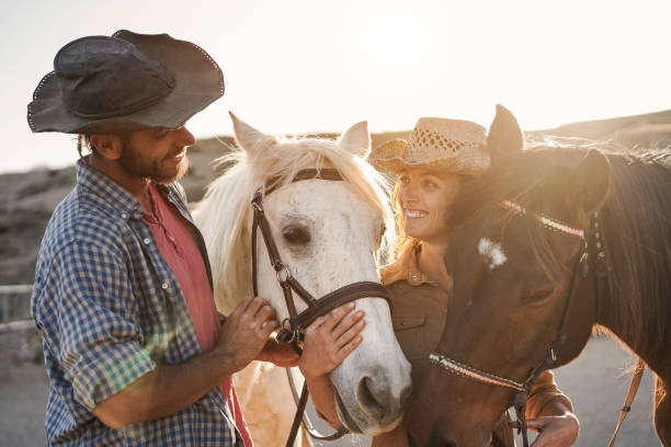 istock Farmer couple having fun with bitless horses during sunny day inside ranch corral - Focus on center animal eye 1352017990