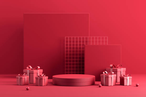 sfondo minimale astratto del prodotto per san valentino e natale, podio con confezione regalo rossa su sfondo rosso. - romantic scene foto e immagini stock