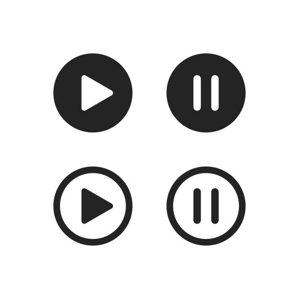 Play and pause icon set. Button for web design. Flat icon. Click button isolated. Playlist element. Line vector illustration design. EPS10. Play and pause icon set. Button for web design. Black flat icon. Click button isolated. Playlist element. Line vector illustration design. EPS10. push pause stock illustrations