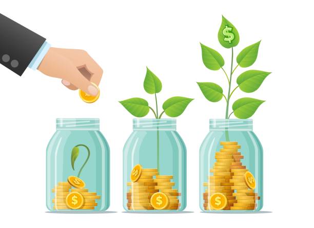Investing bottle, money growing concept Investing bottle. Money growing concept, finance savings tree, finances investment, invested coins pot, green invests, cash investement strategy, dollars budget investers image deposit bottle stock illustrations