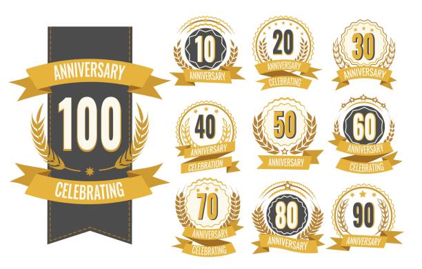 Anniversary numbers tags. Birthday annniversay couples jubilee logo set, years celebrate congratulations badges, vector 10 25 40 celebrations party seal labels