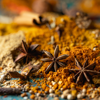 Star anise and many other vibrant Indian herbs and spices are displayed on an old turquoise-colored ceramic plate background.