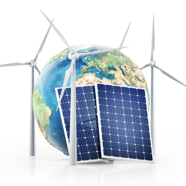 istock Wind turbines, solar power panels and 3D globe isolated on white 1352020048