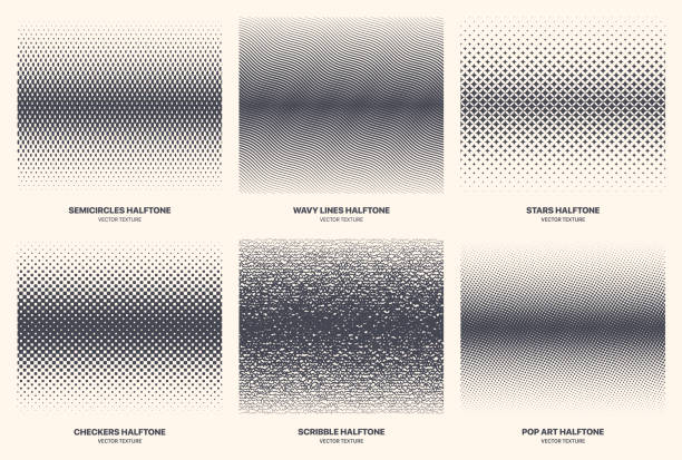 Different Variations Modern Half Tone Patterns Vector Geometric Isolated Textures Set Different Variations Modern Halftone Patterns Vector Geometric Texture Set Isolated On White Background. Various Half Tone Gradient Collection Semi Circle Wavy Line Star Checkers Scribble Pop Art halftone textures stock illustrations
