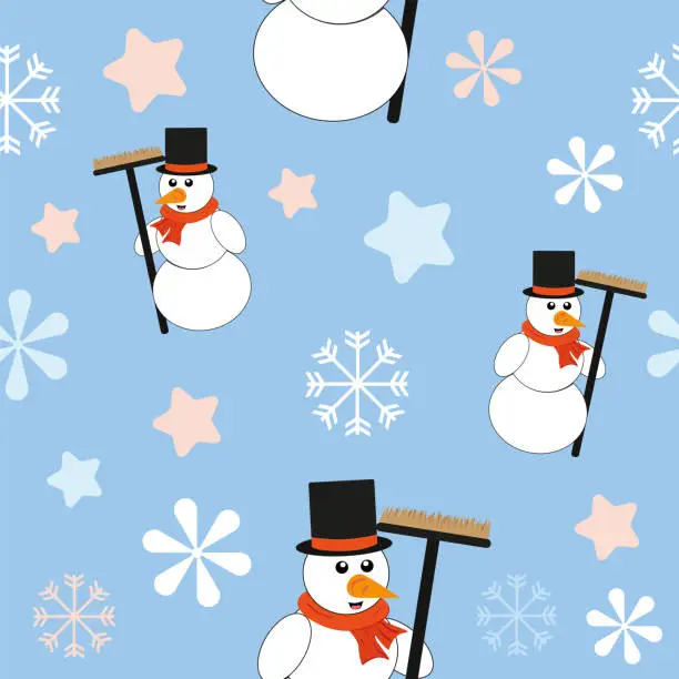 Vector illustration of seamless pattern with cute snowman and ice flowers, ice crystals and snowflakes