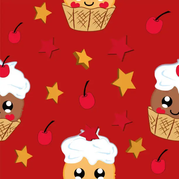 Vector illustration of Seamless pattern with kawaii ice cream, stars and cherries