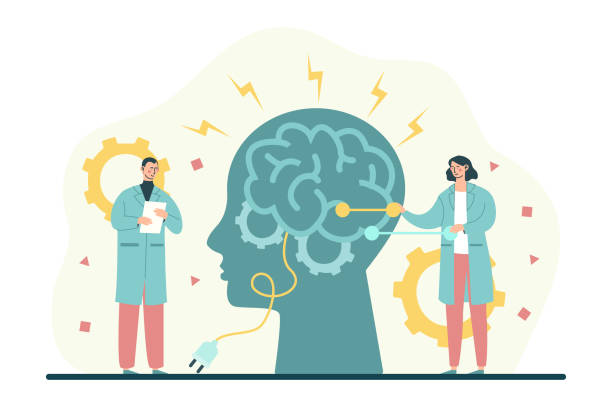 Inspiration and memory improvement Inspiration and memory improvement. Specialists examine head. Employees near silhouette. Metaphor of scientific activity. Patient came to doctors, treatment. Cartoon flat vector illustration memories stock illustrations