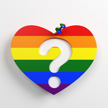 Pinned heart shape and question mark symbol. On white-colored background. Square composition with copy space. Isolated with clipping path.