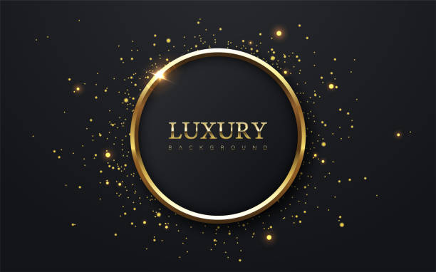 Abstract black circle shape with golden glowing frame and glitters. Vector illustration. Geometric backdrop with golden shiny particles. Abstract black circle shape with golden glowing frame and glitters. Vector illustration. Geometric backdrop with golden shiny particles. classic metal stock illustrations