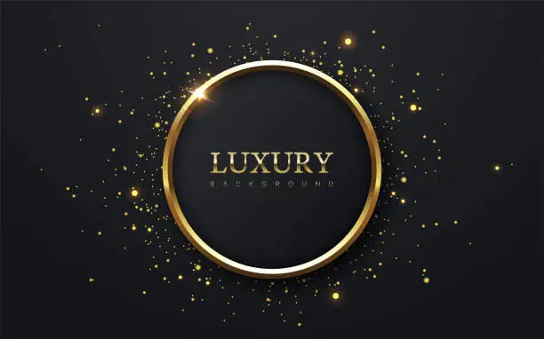 Vector illustration of Abstract black circle shape with golden glowing frame and glitters. Vector illustration. Geometric backdrop with golden shiny particles.