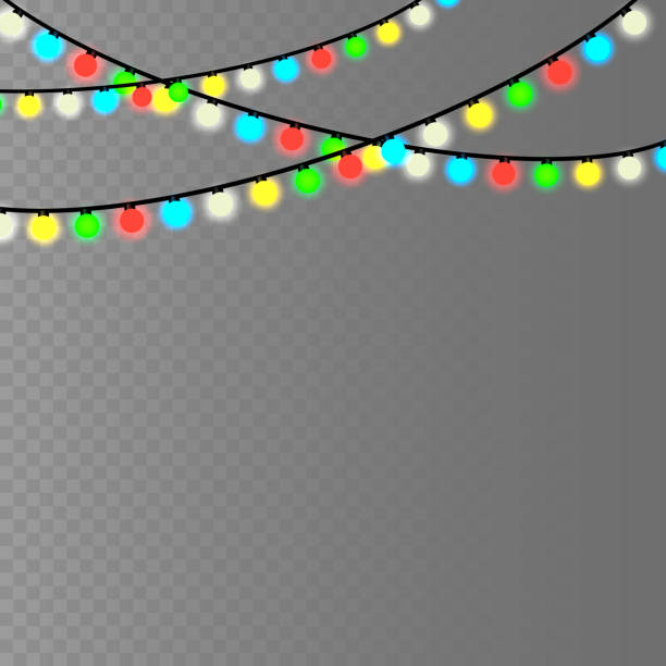 istock Christmas lights, lights bulbs, glowing garlands string, New Year's party lights decoration, holiday decorations on a brick wall. Separated editable elements under masks. transparent. 1352030842