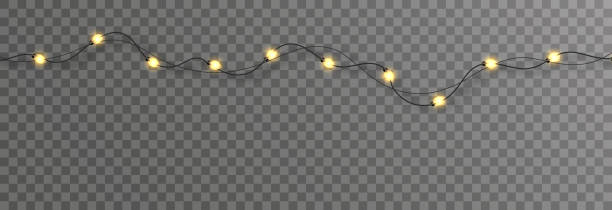 christmas lights, lights bulbs, glowing garlands string, new year's party lights decoration, holiday decorations on a brick wall. separated editable elements under masks. transparent. - christmas lights stock illustrations