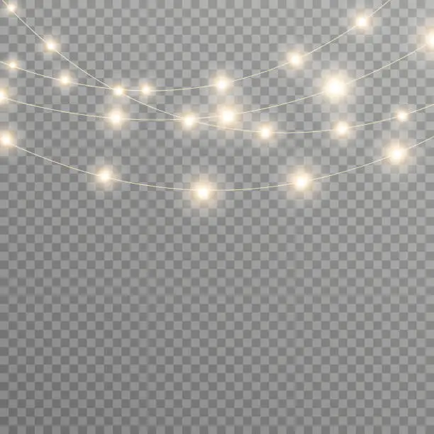 Vector illustration of Christmas lights, lights bulbs, glowing garlands string, New Year's party lights decoration, holiday decorations on a brick wall. Separated editable elements under masks. transparent.