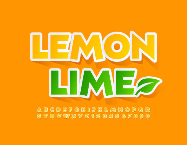 Vector bright Sign Lemon Lime with Decorative Leaf. Creative sticker Alphabet Letters and Numbers set Modern Yellow Font citric acid stock illustrations