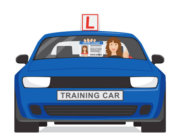 ilustrações de stock, clip art, desenhos animados e ícones de a smiling girl sits in a blue training car and shows her driver license. design concept driving school or learning to drive. - driving training car safety