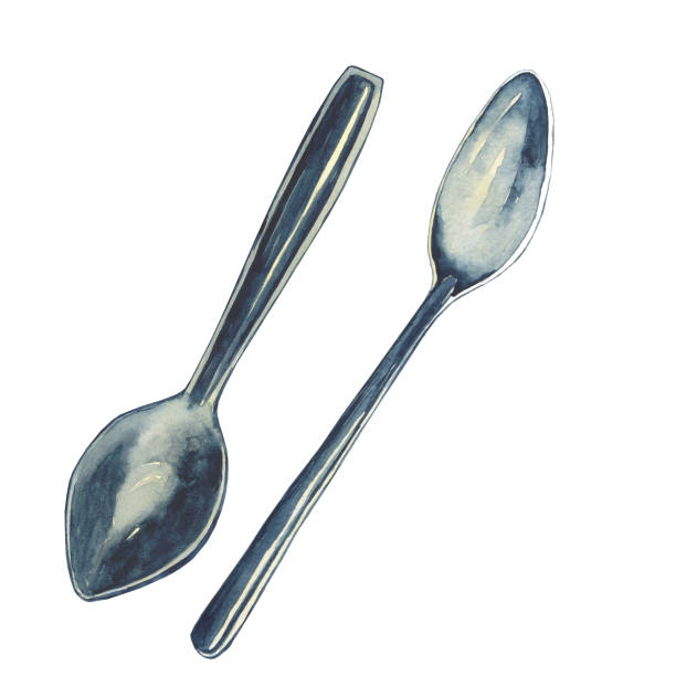 istock Two teaspoon isolated on white background. Watercolor hand drawing illustration. Metal spoon element perfect for print, menu design. 1352034200