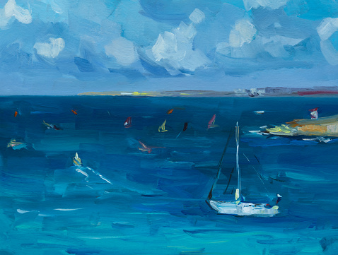 Sea yacht oil painting. Abstract blue seascape with cumulus clouds sailboats. Impressionism, etude plein air. The concept of summer, rest. Artistic pictorial background, creative postcard design