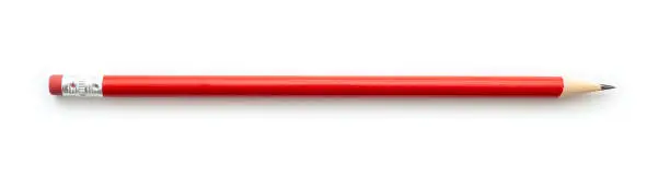 Photo of Red pencil with eraser isolated on white. Graphite pencil, red color, side view