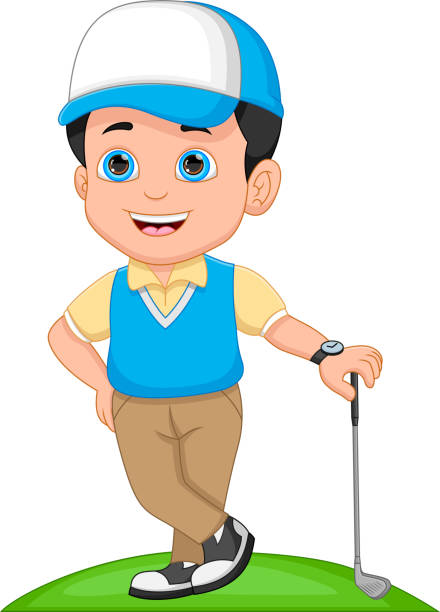 мультяшный милый маленький мальчик играет в гольф - golf child sport humor stock illustrations