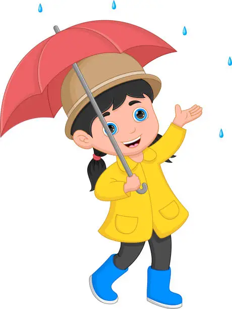 Vector illustration of cartoon little girl holding an umbrella in the rain