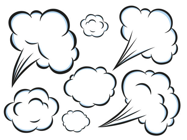 ilustraciones, imágenes clip art, dibujos animados e iconos de stock de conjunto de elementos de velocidad de estilo cómico. nube de humo de mal olor aislada sobre fondo blanco. - forced air