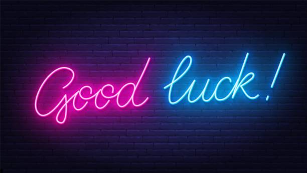 Good Luck neon quote on a brick wall. Good Luck neon quote on a brick wall. Inspirational glowing lettering. lucky stock illustrations