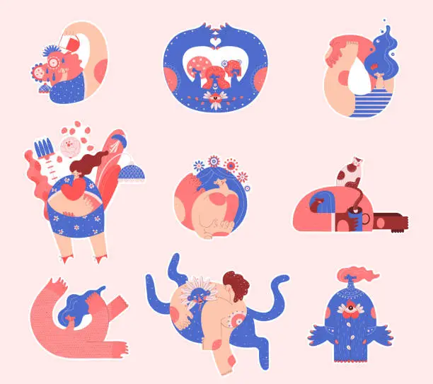 Vector illustration of Girl power, body positive women with animals and flowers. The concept of mental health, self-help, support. Set of stickers, vector illustration, geometric characters