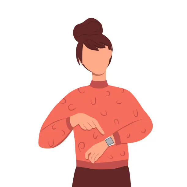 Vector illustration of Girl in red blouse points her finger to the watch on her hand. A young woman is late or in a hurry.