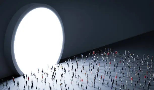 People look at big glowing circle. 3D illustration