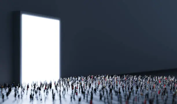People walk to big gate, light coming in. 3D illustration